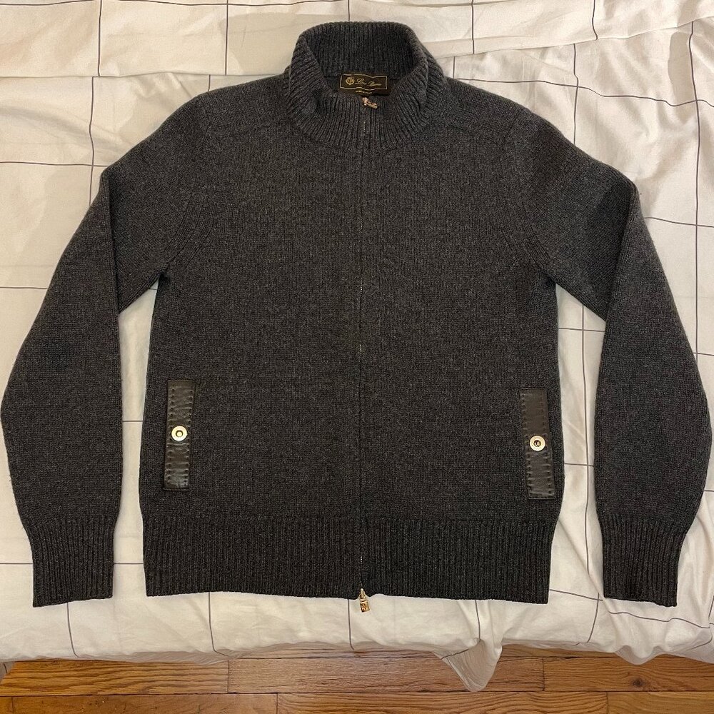 Loro Piana cashmere grey chunky cardigan sweater leather pocket detail gray